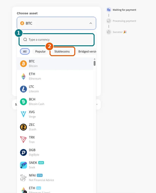 NowPayments currency dropdown open, showing a Type a currency search box and All, Popular and Stablecoins tabs above a list of coins