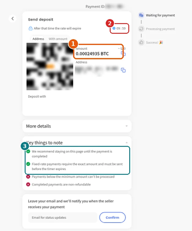 NowPayments Send deposit page with the amount highlighted, a countdown timer starting near 10 minutes, a blurred QR code and deposit address, and notes asking for the exact amount before the timer expires
